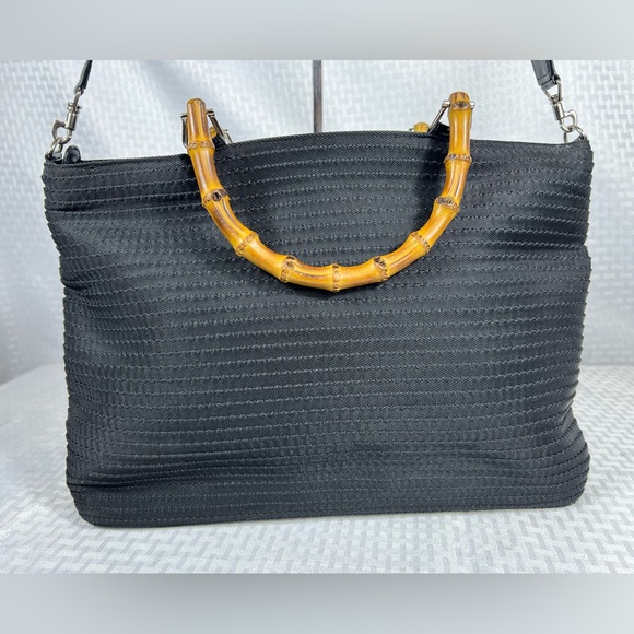 Gucci Handbags - 3180: Gucci Bamboo Handle Shoulder Tote Black Woven Nylon Vintage